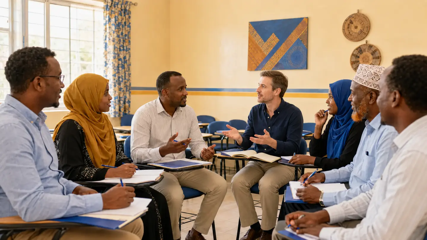 Adult learners practising a language together in a classroom